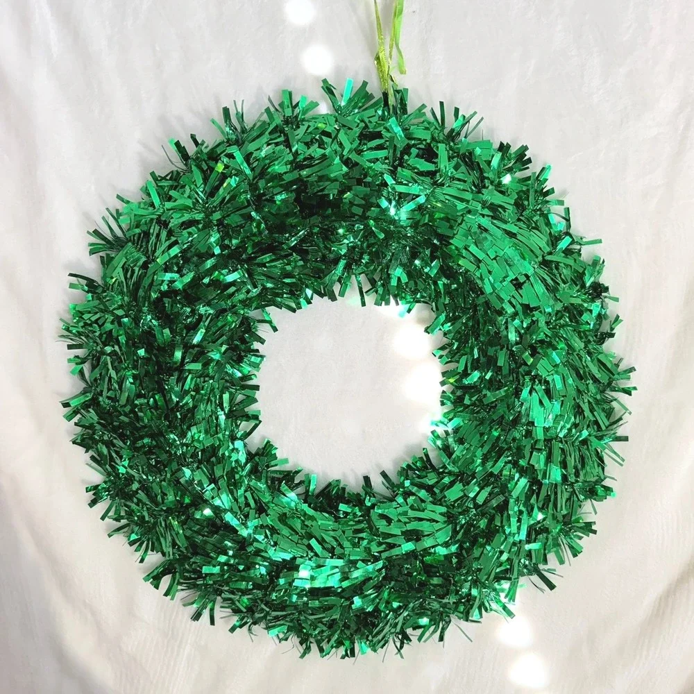 Holiday Decor Tinsel Wreath Set of 3 Green Metallic 18in